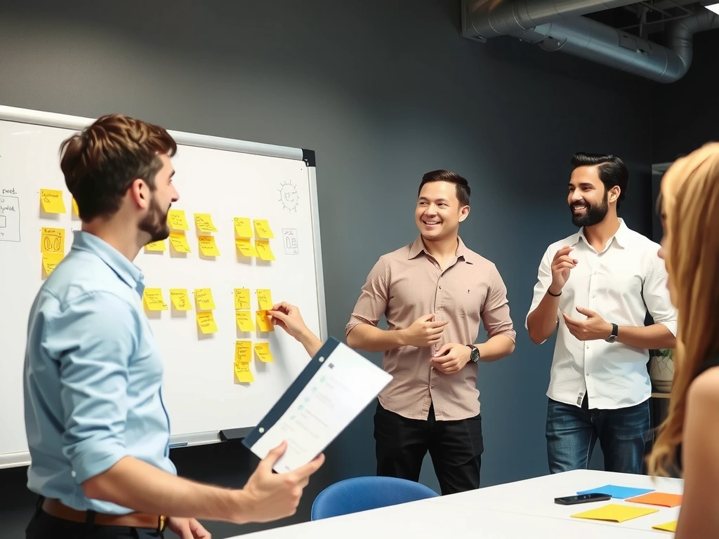 Echipa pixeldock participând la un brainstorming creativ, cu post-it-uri și desene pe o tablă albă.