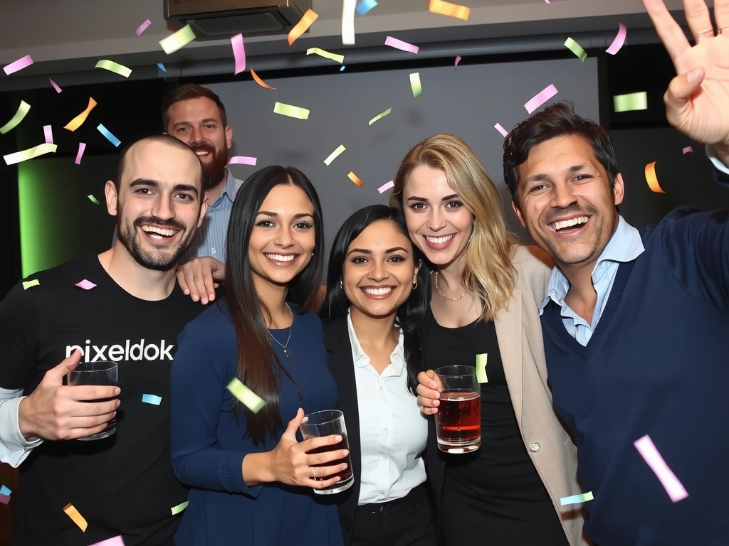 Membri ai echipei pixeldock sărbătorind un succes, cu confetti și zâmbete, într-un cadru festiv.