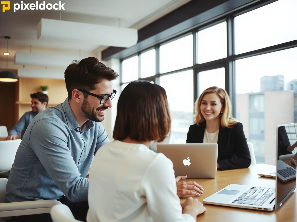 Membri ai echipei pixeldock colaborând într-un birou modern și luminos, cu zâmbete și laptopuri.