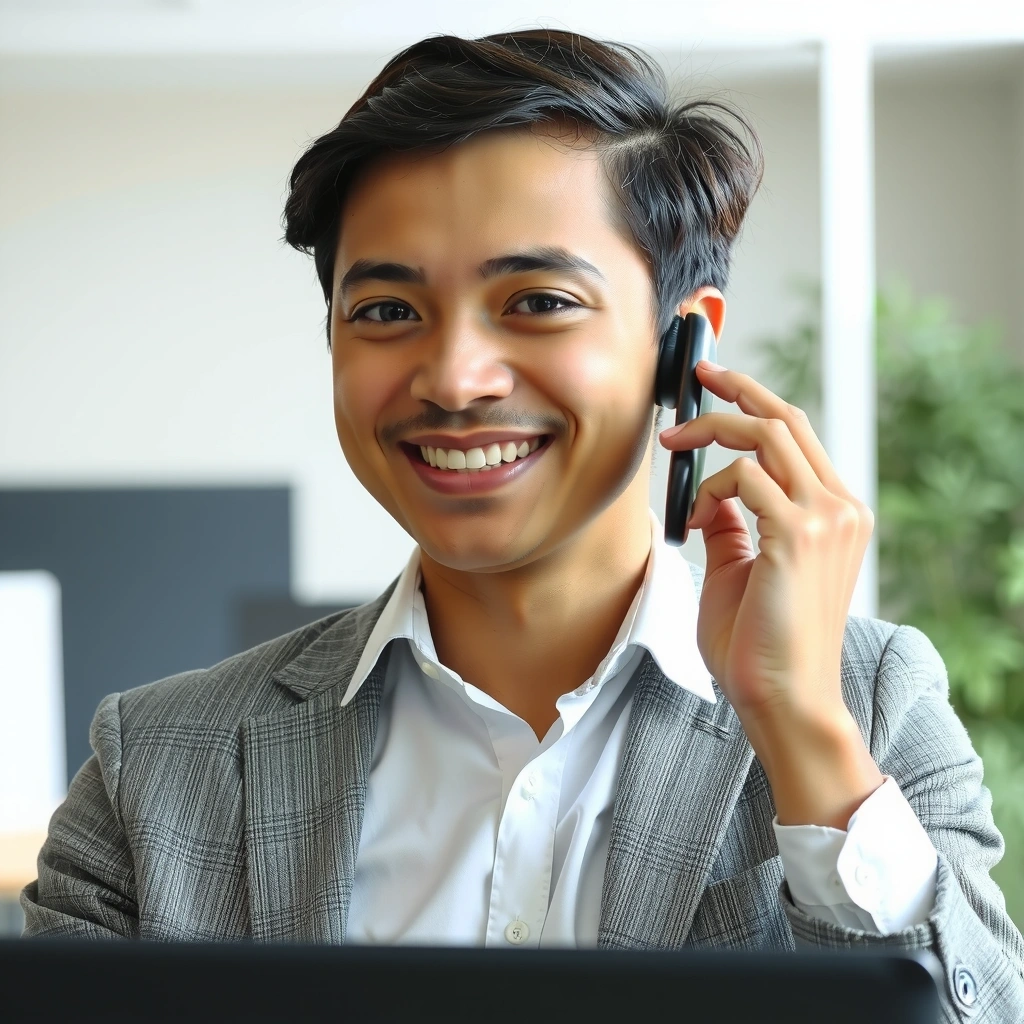 Imagine cu un consultant zâmbitor vorbind la telefon