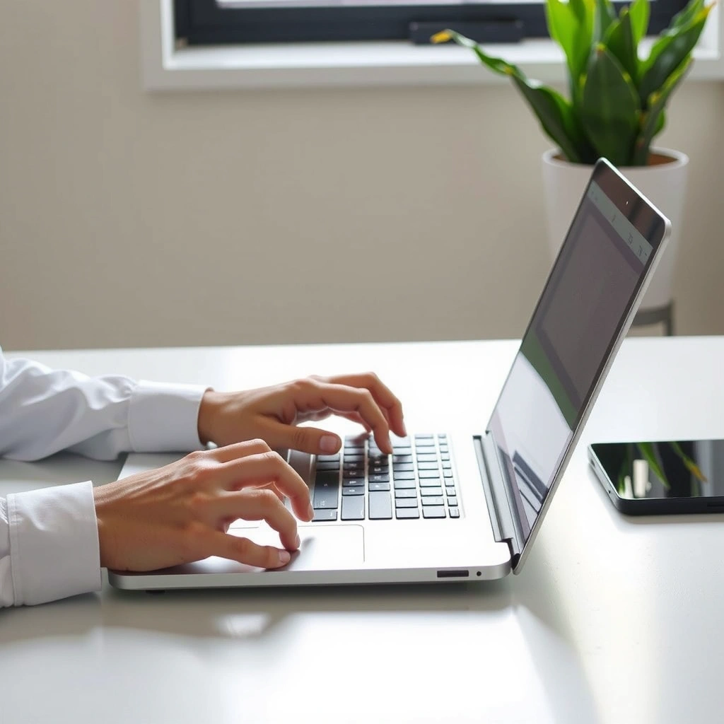 Imagine cu o persoană scriind un email pe laptop