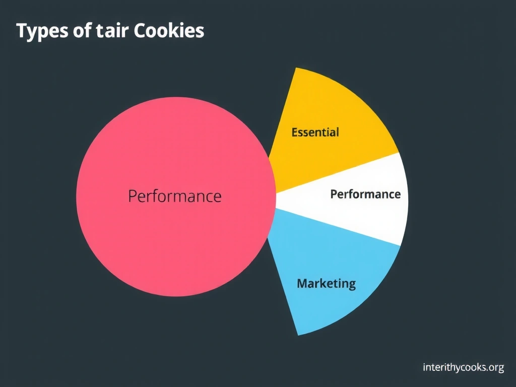 Un grafic circular sau o diagramă care arată diferite tipuri de cookie-uri, cum ar fi esențiale, de performanță, funcționale și de marketing, cu etichete clare.