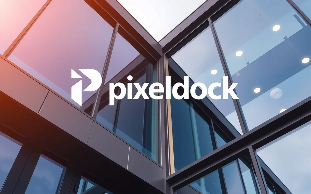 Evoluția Pixeldock, clădire modernă de birouri și logo-ul companiei