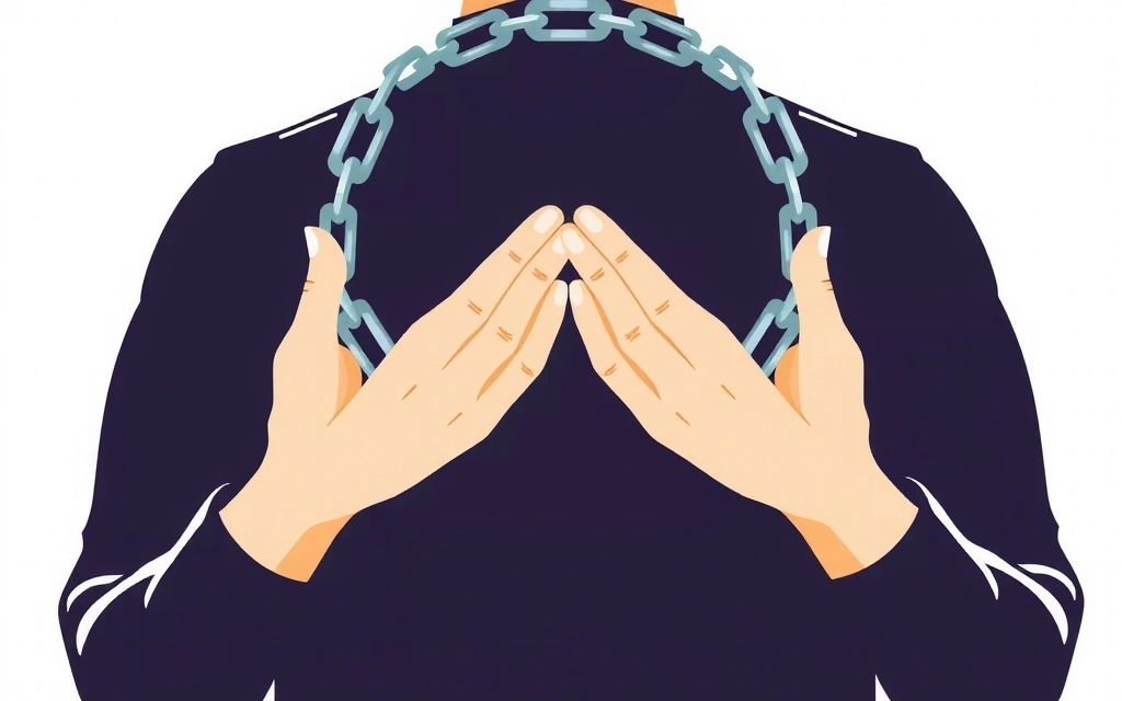 Ilustrație cu mâini care se conectează cu un lanț digital, simbolizând partajarea securizată a datelor