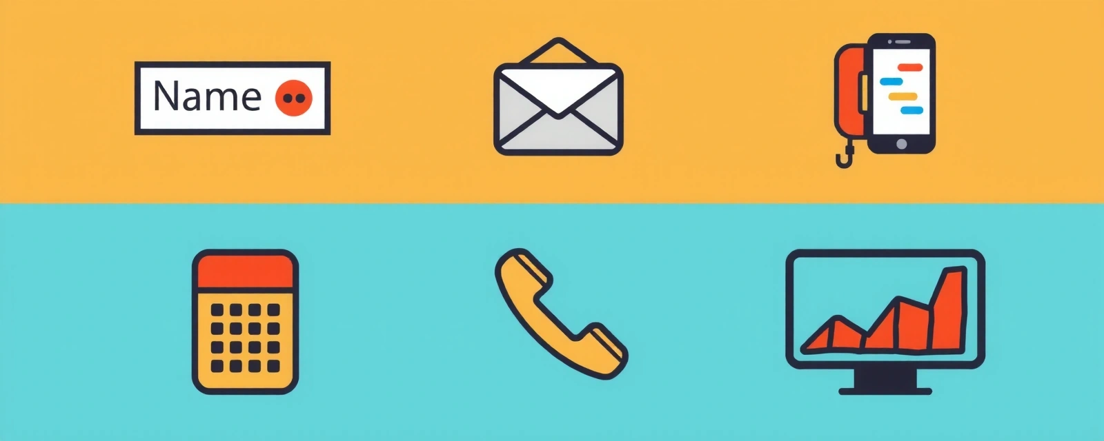 Ilustrație a diferitelor tipuri de date colectate: iconițe pentru nume, email, telefon și statistici web