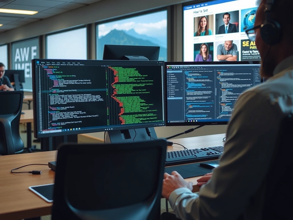 Dezvoltator web codând pe mai multe ecrane, ilustrând soluții web personalizate