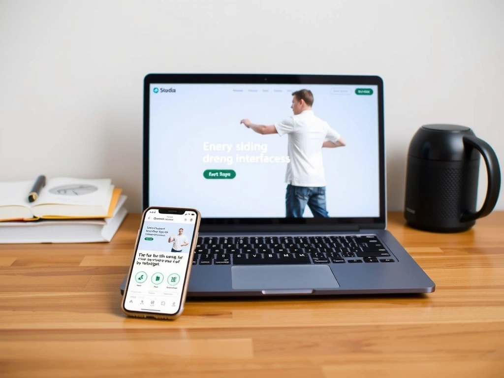 Ilustrație pentru design web cu elemente de UX/UI pe un ecran de laptop și mobil