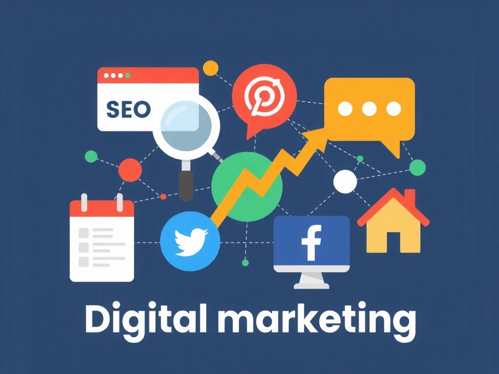 Ilustrație digitală cu elemente de SEO, SMM și content marketing, simbolizând o creștere a afacerii