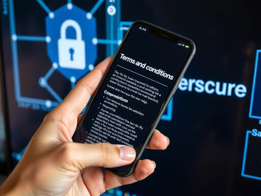 O mână care ține un smartphone afișând o pagină de termeni și condiții, cu elemente de securitate cibernetică în fundal.